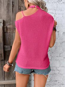 SHEIN VCAY Chain Detail Asymmetrical Neck Batwing Sleeve Tee - Hot Pink - View 2