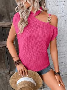 SHEIN VCAY Chain Detail Asymmetrical Neck Batwing Sleeve Tee - Hot Pink - View 7