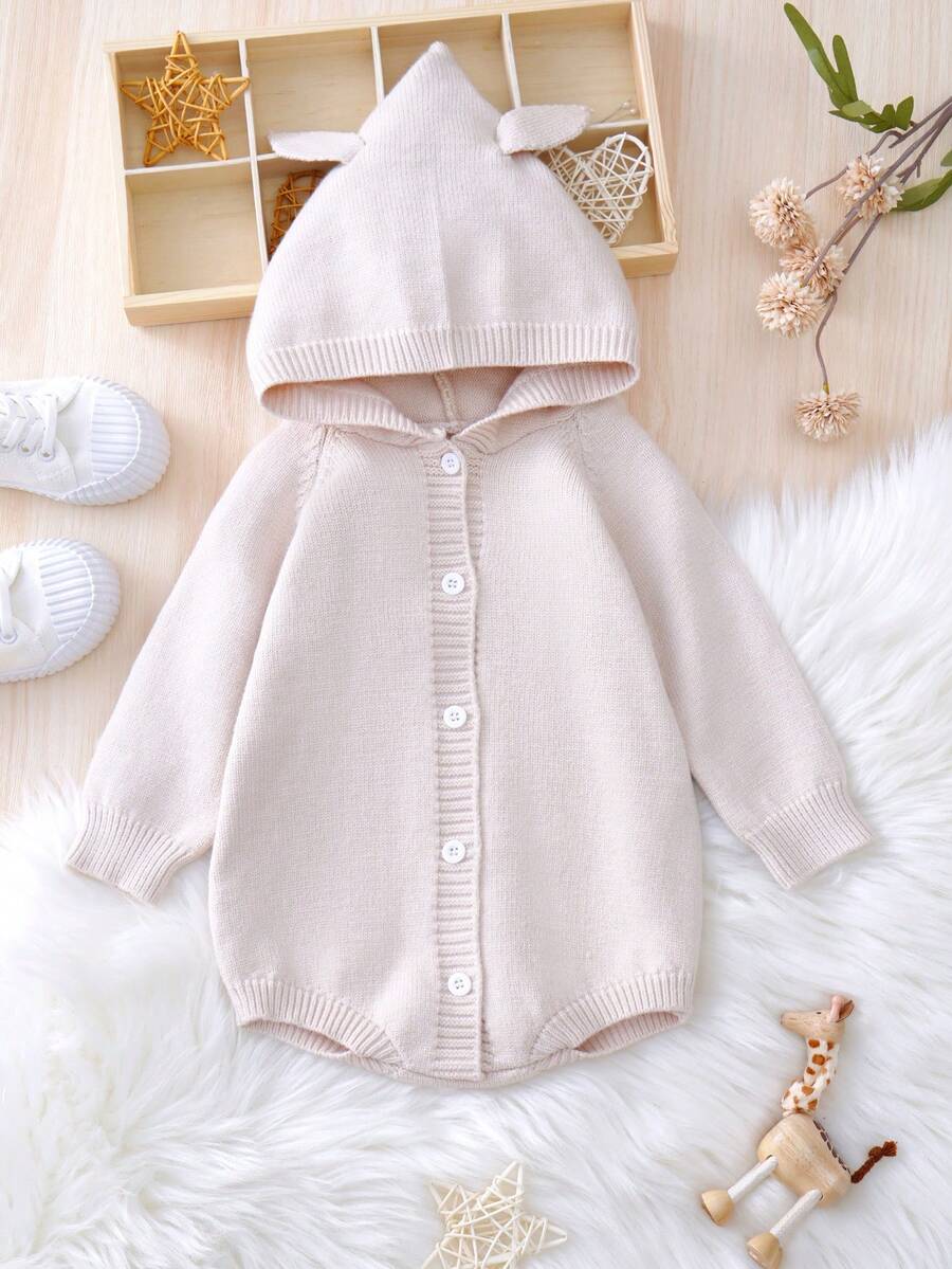 Baby Girl Raglan Sleeve Hooded Knit Bodysuit - Baby Pink - View 1