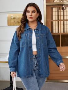 SHEIN Essnce 大碼前紐扣牛仔夾克 - 中等水洗藍 - 查看 1