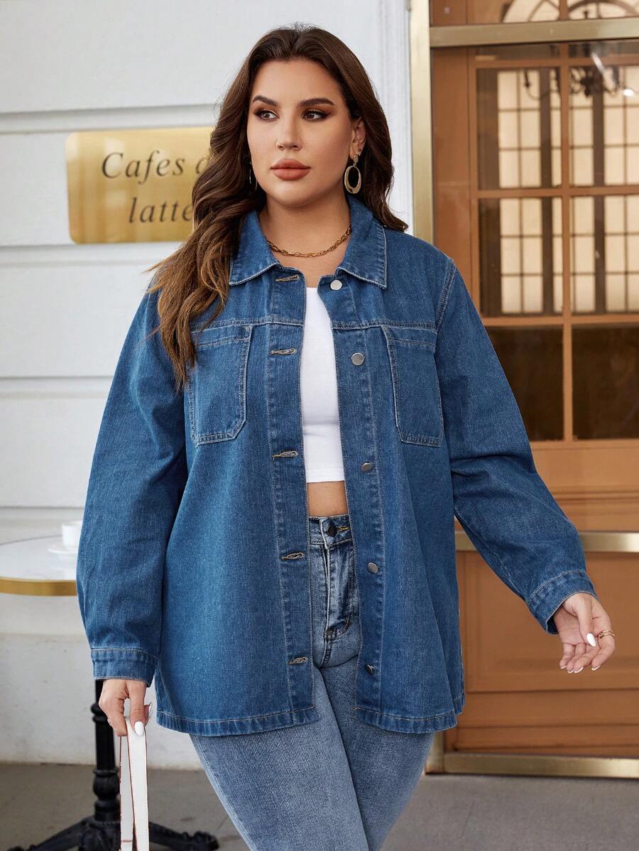 SHEIN Essnce 大碼前紐扣牛仔夾克 - 中等水洗藍 - 查看 1