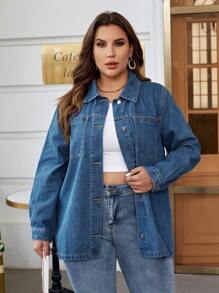 SHEIN Essnce 大碼前紐扣牛仔夾克 - 中等水洗藍 - 查看 3
