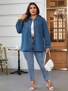 SHEIN Essnce 大碼前紐扣牛仔夾克 - 中等水洗藍 - 查看 4