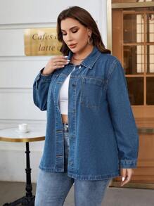 SHEIN Essnce 大碼前紐扣牛仔夾克 - 中等水洗藍 - 查看 5