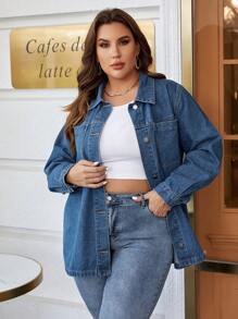 SHEIN Essnce 大碼前紐扣牛仔夾克 - 中等水洗藍 - 查看 6