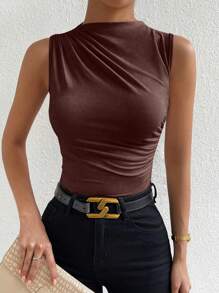 Chiquease Solid Ruched Tank Top - Brown - View 4