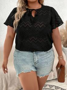 Calvaya Plus Tie Neck Butterfly Sleeve Lace Top Without Bra - Black - View 1