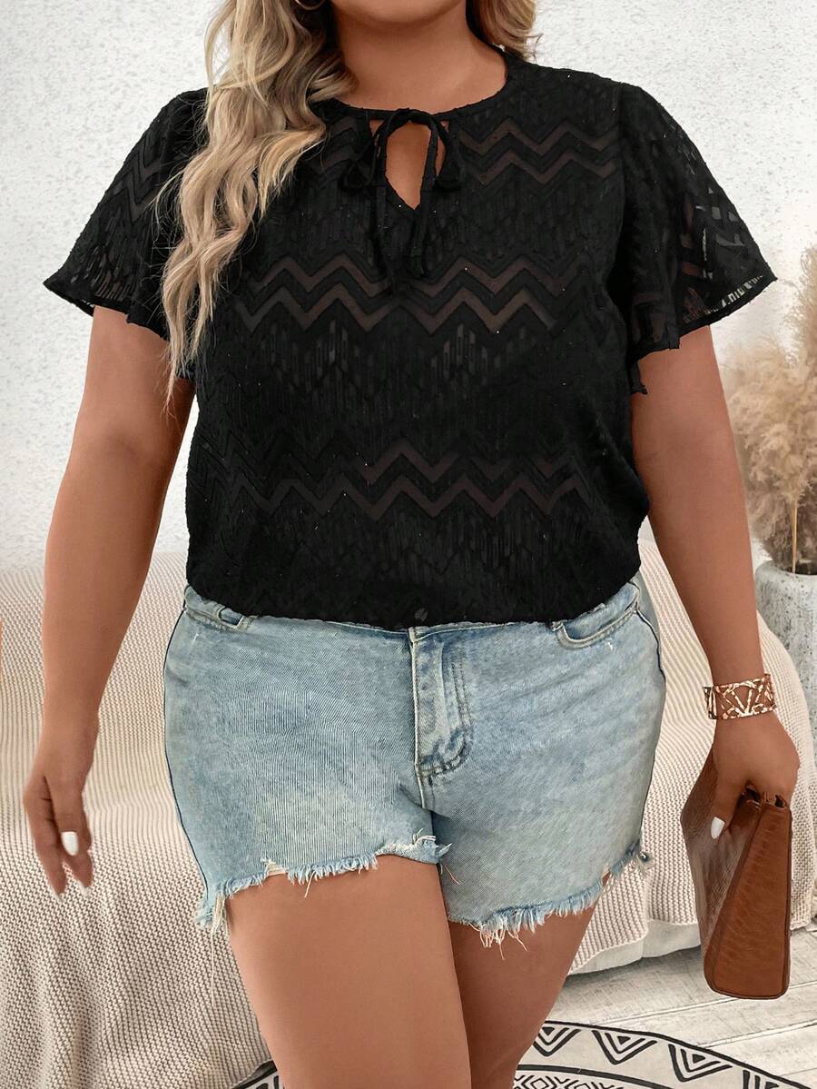 Calvaya Plus Tie Neck Butterfly Sleeve Lace Top Without Bra - Black - View 1