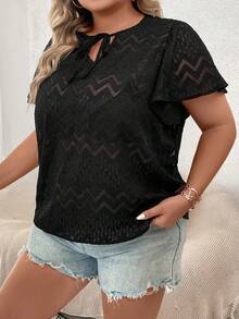 Calvaya Plus Tie Neck Butterfly Sleeve Lace Top Without Bra - Black - View 4