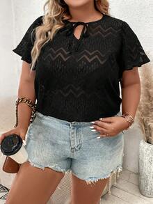 Calvaya Plus Tie Neck Butterfly Sleeve Lace Top Without Bra - Black - View 5