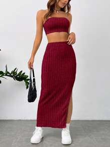 SHEIN Essnce Solid Tube Top & Split Thigh Skirt - Red - View 1
