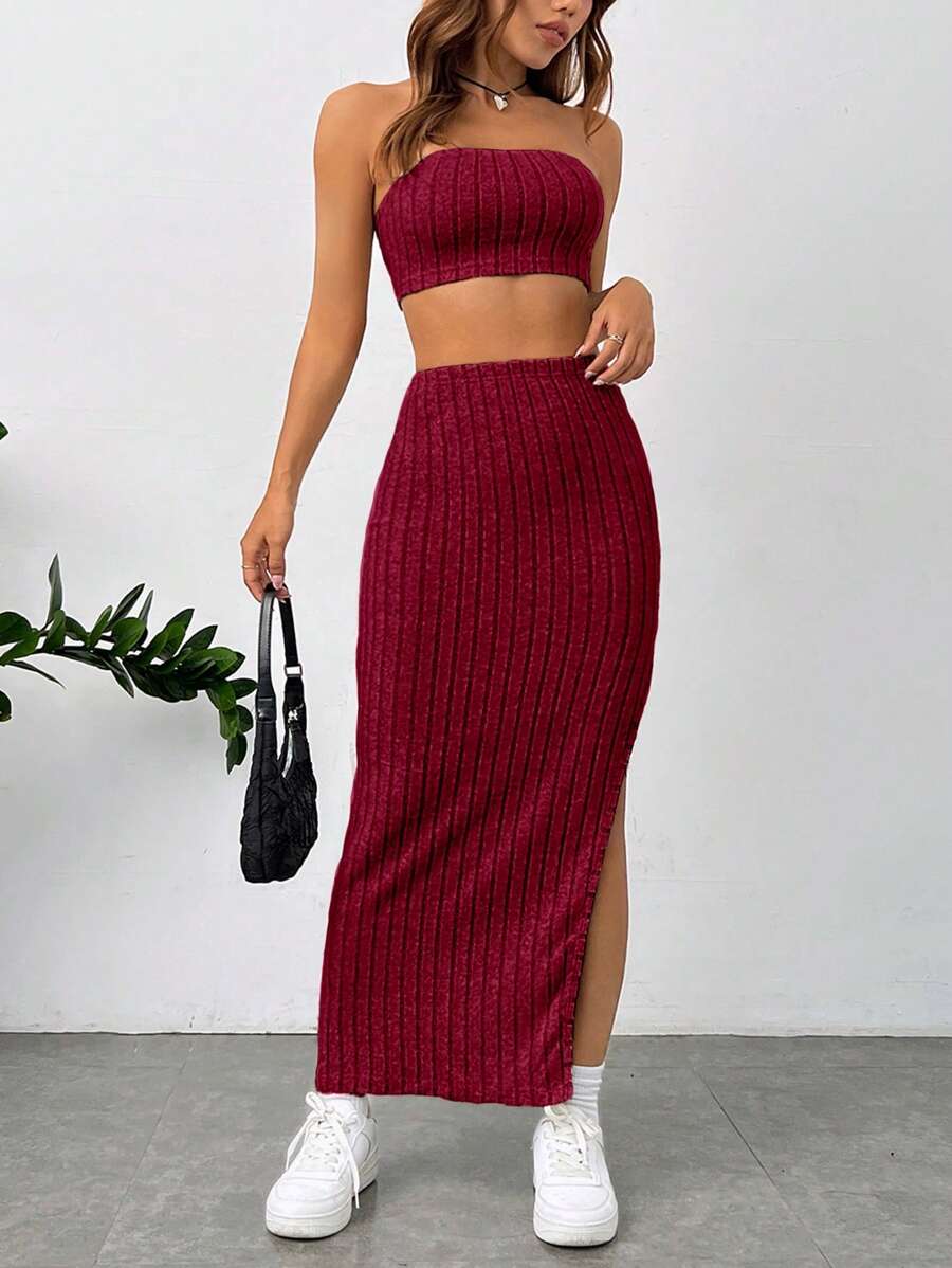SHEIN Essnce Solid Tube Top & Split Thigh Skirt - Red - View 1