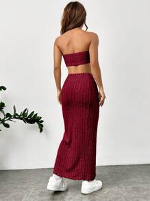 SHEIN Essnce Solid Tube Top & Split Thigh Skirt - Red - View 2