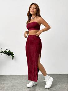 SHEIN Essnce Solid Tube Top & Split Thigh Skirt - Red - View 3