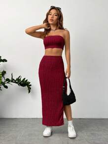 SHEIN Essnce Solid Tube Top & Split Thigh Skirt - Red - View 4