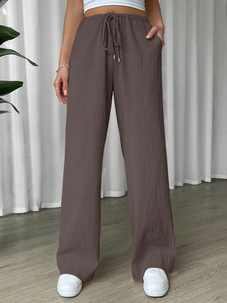 SHEIN EZwear 腰部抽繩斜口袋闊腿褲 - 巧克力棕 - 查看 1
