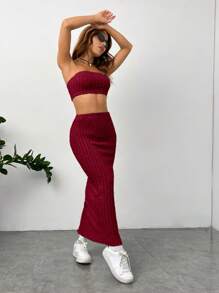 SHEIN Essnce Solid Tube Top & Split Thigh Skirt - Red - View 5