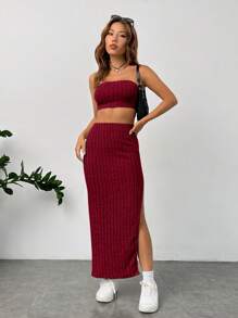 SHEIN Essnce Solid Tube Top & Split Thigh Skirt - Red - View 6