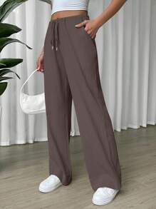 SHEIN EZwear 腰部抽繩斜口袋闊腿褲 - 巧克力棕 - 查看 3
