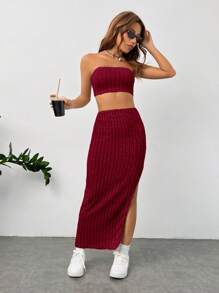 SHEIN Essnce Solid Tube Top & Split Thigh Skirt - Red - View 7
