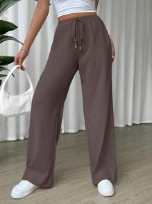 SHEIN EZwear 腰部抽繩斜口袋闊腿褲 - 巧克力棕 - 查看 4