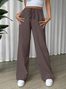 SHEIN EZwear 腰部抽繩斜口袋闊腿褲 - 巧克力棕 - 查看 5