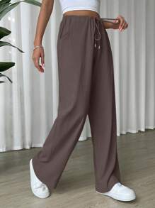SHEIN EZwear 腰部抽繩斜口袋闊腿褲 - 巧克力棕 - 查看 6