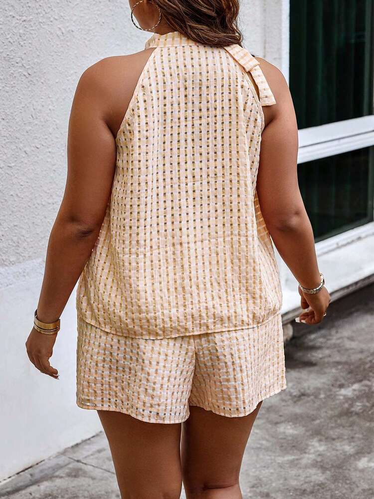 SHEIN Unity 大碼側打結掛脖上衣&短褲 - 橘色 - 查看 2