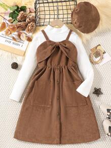 SHEIN Chica preadolescente Camiseta unicolor & con botón delantero Vestido de tirantes - Café integral - Ver 1