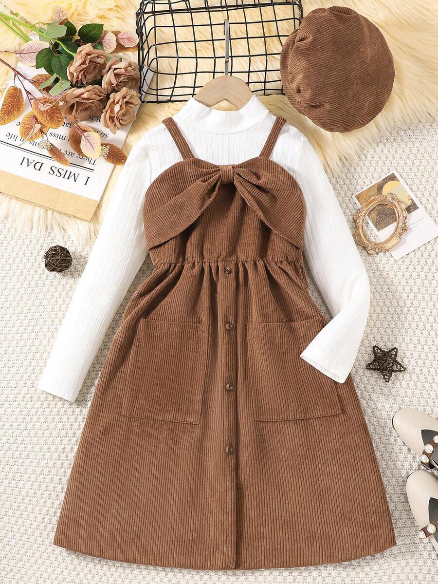 SHEIN Chica preadolescente Camiseta unicolor & con botón delantero Vestido de tirantes - Café integral - Ver 1