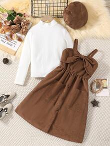 SHEIN Chica preadolescente Camiseta unicolor & con botón delantero Vestido de tirantes - Café integral - Ver 7