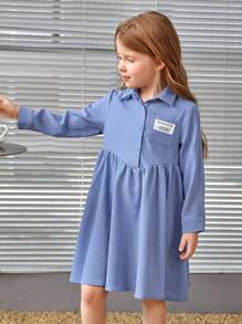 SHEIN Young Girl Letter Patched Pocket Front Smock Dress - Blue - View 7