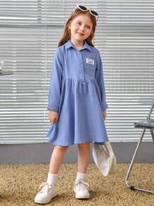 SHEIN Young Girl Letter Patched Pocket Front Smock Dress - Blue - View 3