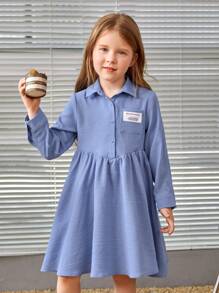 SHEIN Young Girl Letter Patched Pocket Front Smock Dress - Blue - View 6