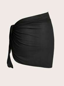 Swim Basics Summer Beach Solid Ruched Knot Side Cover Up Skirt - Black - View 2