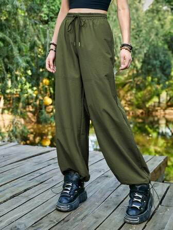 Pantalones de pierna ancha unicolor de cintura con cordón