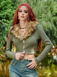 ROMWE PUNK Fuzzy Vòng cổ Nút phía trước Áo Jacket Crop - xanh quân đội - Xem 4