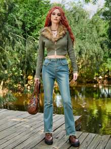 ROMWE PUNK Fuzzy Vòng cổ Nút phía trước Áo Jacket Crop - xanh quân đội - Xem 3