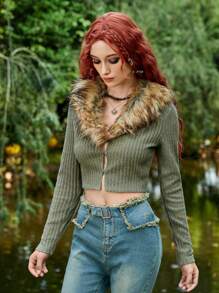 ROMWE PUNK Fuzzy Vòng cổ Nút phía trước Áo Jacket Crop - xanh quân đội - Xem 1