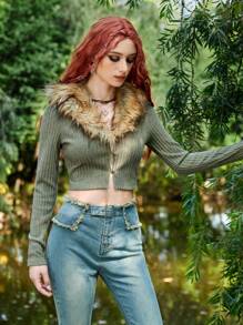 ROMWE PUNK Fuzzy Vòng cổ Nút phía trước Áo Jacket Crop - xanh quân đội - Xem 5