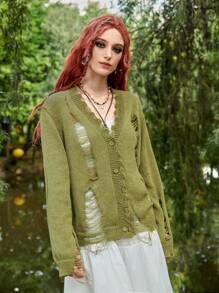 ROMWE PUNK 月紋落肩袖開襟衫 - 橄欖綠 - 查看 2