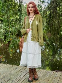 ROMWE PUNK 月紋落肩袖開襟衫 - 橄欖綠 - 查看 3