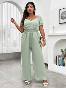 Celure Plus Sweetheart Neck Puff Sleeve Wide Leg Jumpsuit - Green - View 1