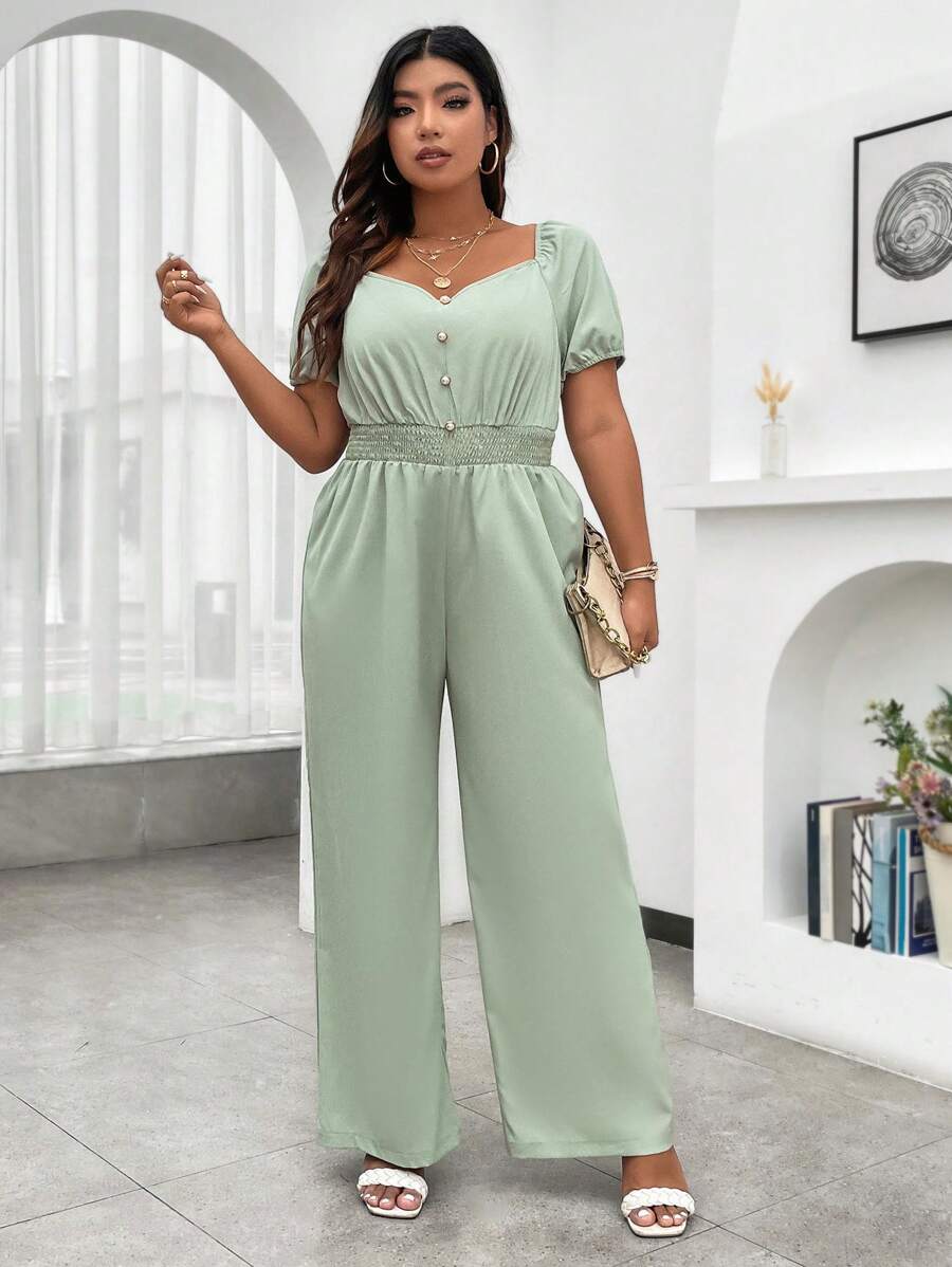 Celure Plus Sweetheart Neck Puff Sleeve Wide Leg Jumpsuit - Green - View 1