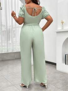 Celure Plus Sweetheart Neck Puff Sleeve Wide Leg Jumpsuit - Green - View 2