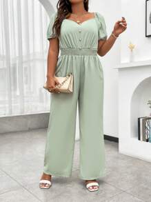 Celure Plus Sweetheart Neck Puff Sleeve Wide Leg Jumpsuit - Green - View 3