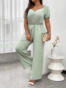 Celure Plus Sweetheart Neck Puff Sleeve Wide Leg Jumpsuit - Green - View 4