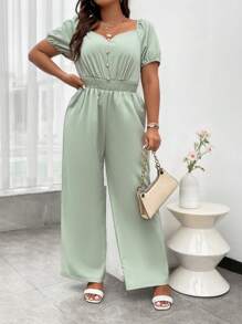 Celure Plus Sweetheart Neck Puff Sleeve Wide Leg Jumpsuit - Green - View 5