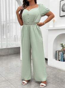 Celure Plus Sweetheart Neck Puff Sleeve Wide Leg Jumpsuit - Green - View 6