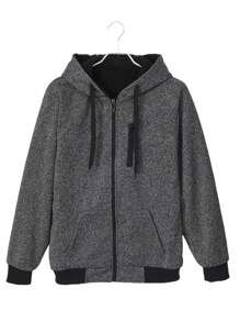 Men Zip Up Drawstring Hooded Thermal Lined Jacket, Warming - Dark Grey - View 1